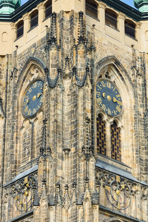 Detail of the clock tower of the Metropolitan Cathedral of Saints Vitus, Wenceslaus and Adalbert. Prague. Czech Republic.の写真素材
