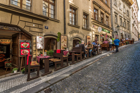 PRAGUE, CZECH REPUBLIC - SEPTEMBER 19, 2014: Street and everyday life of the city. Prague is the capital and largest city of the Czech Republic.のeditorial素材