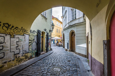 PRAGUE, CZECH REPUBLIC - SEPTEMBER 19, 2014: The lanes of the old city. Prague is the capital and largest city of the Czech Republic.のeditorial素材