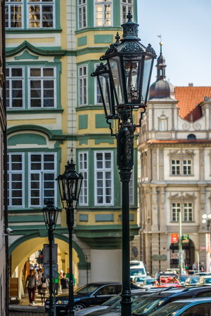 PRAGUE, CZECH REPUBLIC - SEPTEMBER 19, 2014: Vintage street lamp posts. Stylization. Toning. District Mala Strana - Lesser Town of Prague. Prague is the capital and largest city of the Czech Republic.のeditorial素材