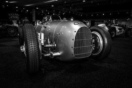 MAASTRICHT, NETHERLANDS - JANUARY 08, 2015: The Grand Prix racing car Auto Union Type A, 1934. Black and white. International Exhibition InterClassics & Topmobiel 2015のeditorial素材