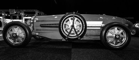 MAASTRICHT, NETHERLANDS - JANUARY 08, 2015: Racing car Bugatti Type 54, 1931. Black and white....
