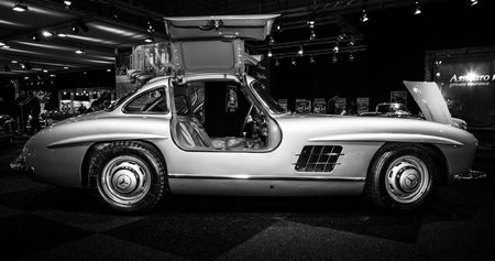 MAASTRICHT, NETHERLANDS - JANUARY 08, 2015: Sports car Mercedes-Benz 300SL (W198). Black and white....