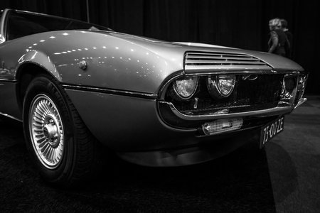 MAASTRICHT, NETHERLANDS - JANUARY 08, 2015: Sports car Alfa Romeo Montreal. Black and white. International Exhibition InterClassics & Topmobiel 2015のeditorial素材