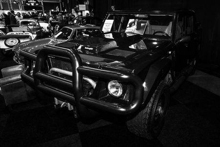 MAASTRICHT, NETHERLANDS - JANUARY 08, 2015: SUV Lamborghini LM002. The LM002 is also the first four-wheel drive model manufactured by Lamborghini. Black and white. International Exhibition InterClassics & Topmobiel 2015のeditorial素材