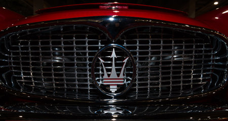 MAASTRICHT, NETHERLANDS - JANUARY 08, 2015: Radiator grill and emblem of a car Maserati 3500 GT Coupe (Tipo 101), 1959. International Exhibition InterClassics & Topmobiel 2015のeditorial素材