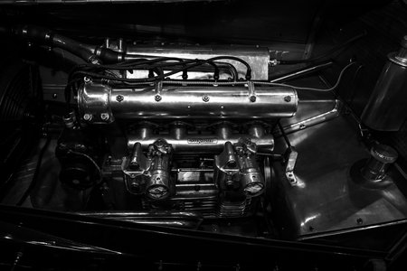 MAASTRICHT, NETHERLANDS - JANUARY 08, 2015: Engine of a sports car Delage 15-S-8 Grand Prix, 1931. Black and white. International Exhibition InterClassics & Topmobiel 2015のeditorial素材