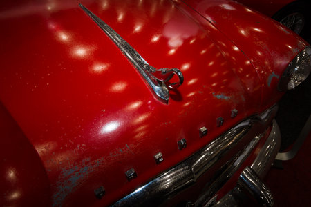 MAASTRICHT, NETHERLANDS - JANUARY 08, 2015: Hood ornament of a car Henney-Packard Patrician 400....