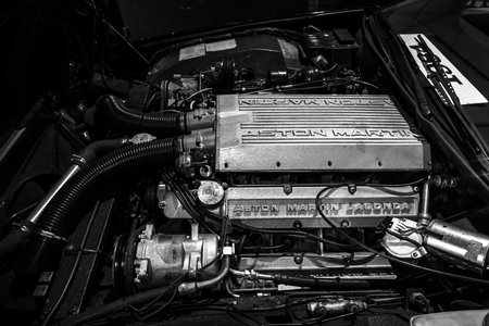 MAASTRICHT, NETHERLANDS - JANUARY 08, 2015: Engine of a luxury car Aston Martin Lagonda, close-up....