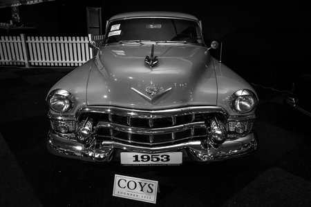 MAASTRICHT, NETHERLANDS - JANUARY 08, 2015: Full-size luxury car Cadillac Series 62 Coupe de Ville, 1953. Black and white. International Exhibition InterClassics & Topmobiel 2015のeditorial素材