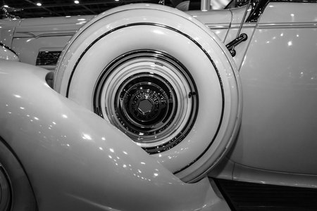 MAASTRICHT, NETHERLANDS - JANUARY 08, 2015: Fragment of a Packard 120 Convertible Sedan with Dietrich Body, 1937. Black and white. International Exhibition InterClassics & Topmobiel 2015のeditorial素材