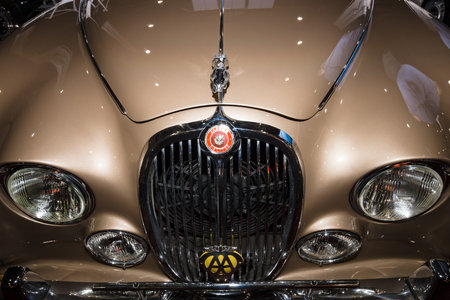 MAASTRICHT, NETHERLANDS - JANUARY 09, 2015: Fragment of a sports saloon Jaguar S-Type, 1965. International Exhibition InterClassics & Topmobiel 2015のeditorial素材