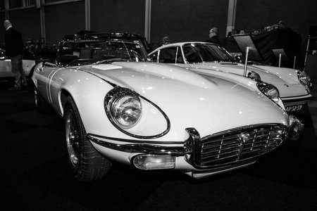MAASTRICHT, NETHERLANDS - JANUARY 09, 2015: Sports car Jaguar E-Type S3, 1971. Black and white. International Exhibition InterClassics & Topmobiel 2015のeditorial素材