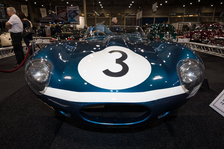 MAASTRICHT, NETHERLANDS - JANUARY 09, 2015: Sports racing car Jaguar D-Type (number of chassis: XKD606, winner of the 1957 Le Mans 24 Hours race), 1956.  International Exhibition InterClassics & Topmobiel 2015のeditorial素材