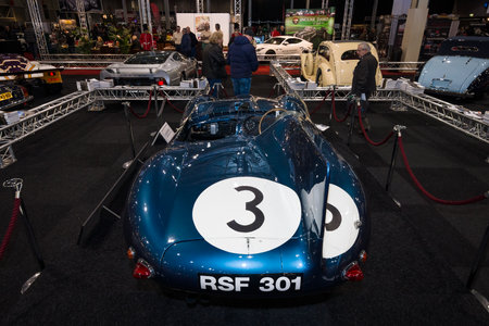 MAASTRICHT, NETHERLANDS - JANUARY 09, 2015: Sports racing car Jaguar D-Type (number of chassis: XKD606, winner of the 1957 Le Mans 24 Hours race), 1956.  International Exhibition InterClassics & Topmobiel 2015のeditorial素材
