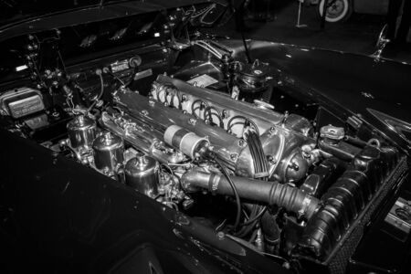 MAASTRICHT, NETHERLANDS - JANUARY 09, 2015: Engine of a Jaguar XK150 Roadster 3.4S, 1959. Black and white. International Exhibition InterClassics & Topmobiel 2015のeditorial素材