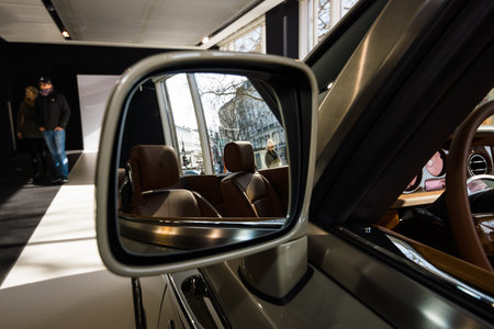 BERLIN - MARCH 08, 2015: Showroom. Rear-view mirrors of a luxury car Rolls-Royce Phantom Drophead Coupe. Rolls-Royce Motor Cars Limited global manufacturer of luxury cars.のeditorial素材