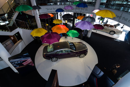 BERLIN - MARCH 08, 2015: Showroom. Full-size car Rolls-Royce Wraith (2013). Top view. Rolls-Royce Motor Cars Limited global manufacturer of luxury cars.のeditorial素材