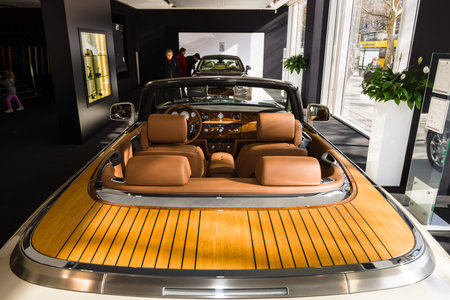 BERLIN - MARCH 08, 2015: Showroom. Interior of a luxury car Rolls-Royce Phantom Drophead Coupe....