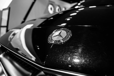 BERLIN - JANUARY 24, 2015: Showroom. Hood ornament of a mid-size luxury car Mercedes-Benz CLS 63...
