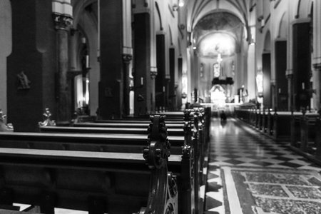MAASTRICHT, NETHERLANDS - JANUARY 09, 2015: Interior of Basilica of St. Servatius. Focus on foreground. Black and white. The Basilica of St. Servatius is a oldest Roman catholic church the Netherlands.のeditorial素材