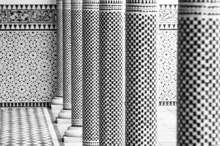 Beautiful columns in oriental style. Black and white. Background.の写真素材