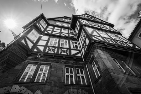 MARBURG, GERMANY - APRIL 18, 2015: The beautiful building facades of old Marburg. Black and white. Marburg is a university town in the German federal state (Bundesland) of Hessen.のeditorial素材