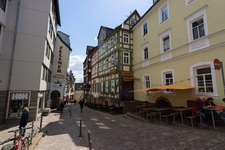 MARBURG, GERMANY - APRIL 18, 2015: Historic streets of the old quarters of Marburg. District Oberstadt. Marburg is a university town in the German federal state (Bundesland) of Hessen.のeditorial素材