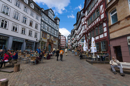 MARBURG, GERMANY - APRIL 18, 2015: Historic streets of the old quarters of Marburg. District Oberstadt. Marburg is a university town in the German federal state (Bundesland) of Hessen.のeditorial素材