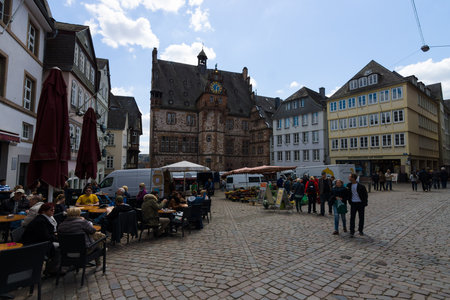MARBURG, GERMANY - APRIL 18, 2015: Historic streets of the old quarters of Marburg. District Oberstadt. Marburg is a university town in the German federal state (Bundesland) of Hessen.のeditorial素材