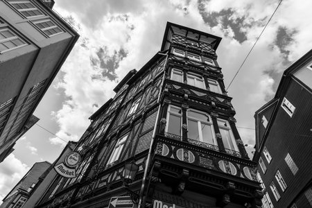 MARBURG, GERMANY - APRIL 18, 2015: The beautiful building facades of old Marburg. Black and white. Marburg is a university town in the German federal state (Bundesland) of Hessen.のeditorial素材