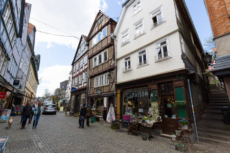 MARBURG, GERMANY - APRIL 18, 2015: Historic streets of the old quarters of Marburg. District Oberstadt. Marburg is a university town in the German federal state (Bundesland) of Hessen.のeditorial素材
