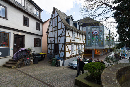 MARBURG, GERMANY - APRIL 18, 2015: Historic streets of the old quarters of Marburg. District Oberstadt. Marburg is a university town in the German federal state (Bundesland) of Hessen.のeditorial素材