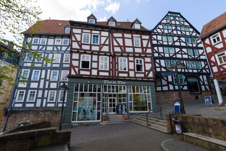 MARBURG, GERMANY - APRIL 18, 2015: Historic streets of the old quarters of Marburg. District Oberstadt. Marburg is a university town in the German federal state (Bundesland) of Hessen.のeditorial素材