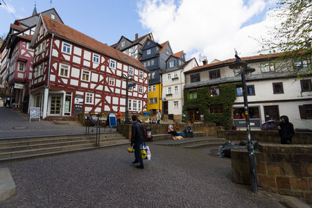 MARBURG, GERMANY - APRIL 18, 2015: Historic streets of the old quarters of Marburg. District Oberstadt. Marburg is a university town in the German federal state (Bundesland) of Hessen.のeditorial素材