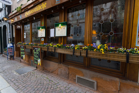 MARBURG, GERMANY - APRIL 18, 2015: Historic streets of the old quarters of Marburg. District Oberstadt. Marburg is a university town in the German federal state (Bundesland) of Hessen.のeditorial素材