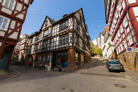 MARBURG, GERMANY - APRIL 18, 2015: Historic streets of the old quarters of Marburg. District Oberstadt. Marburg is a university town in the German federal state (Bundesland) of Hessen.のeditorial素材