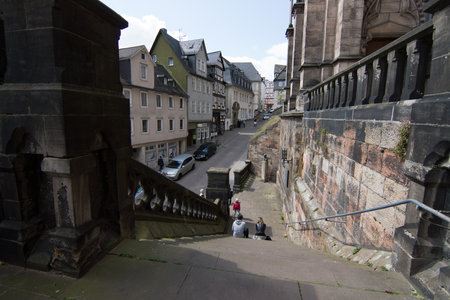 MARBURG, GERMANY - APRIL 18, 2015: Historic streets of the old quarters of Marburg. Marburg is a university town in the German federal state (Bundesland) of Hessen.のeditorial素材