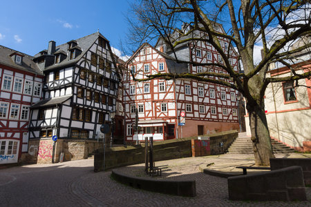 MARBURG, GERMANY - APRIL 18, 2015: Historic streets of the old quarters of Marburg. Marburg is a university town in the German federal state (Bundesland) of Hessen.のeditorial素材