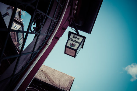 MARBURG, GERMANY - APRIL 18, 2015: The beautiful building facades of old Marburg. Toning. Stylization. Marburg is a university town in the German federal state (Bundesland) of Hessen.のeditorial素材