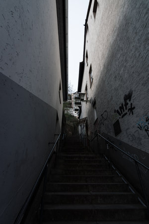 MARBURG, GERMANY - APRIL 18, 2015: Historic streets of the old quarters of Marburg. Marburg is a university town in the German federal state (Bundesland) of Hessen.のeditorial素材