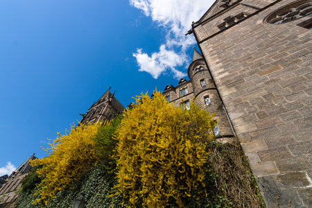 MARBURG, GERMANY - APRIL 18, 2015: Exterior architectural elements of University Church of Marburg. Medieval Evangelical church in the Gothic style.のeditorial素材