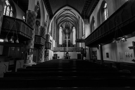 MARBURG, GERMANY - APRIL 18, 2015: Interior of University Church of Marburg. Black and white. Medieval Evangelical church in the Gothic style.のeditorial素材