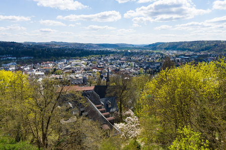 MARBURG, GERMANY - APRIL 18, 2015: The old districts of the city from the height of the surrounding hills. District Oberstadt. Marburg is a university town in the German federal state (Bundesland) of Hessen.のeditorial素材
