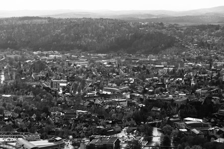 MARBURG, GERMANY - APRIL 18, 2015: The new and the old part of the city from the surrounding hills. Black and white. Marburg is a university town in the German federal state (Bundesland) of Hessen.のeditorial素材
