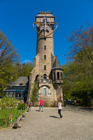 MARBURG, GERMANY - APRIL 18, 2015: Observation tower and cafe on a hill near Marburg - Kaiser-Wilhelm-Turm (Spiegelslustturm). Built in 1890.のeditorial素材