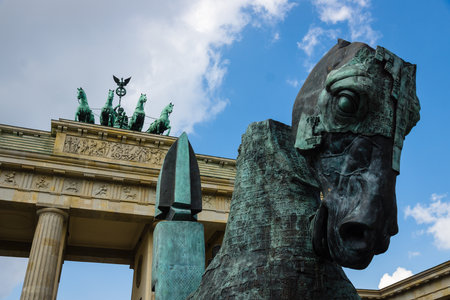 BERLIN - MAY 01, 2015: Gustavo Aceves presents his sculptures at the exhibition "Lapidarium", which takes place at the Pariser Platz near the Brandenburg Gate.のeditorial素材