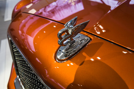 BERLIN - MAY 02, 2015: Showroom. Hood ornamment of a full-size luxury car Bentley Mulsanne Speed....