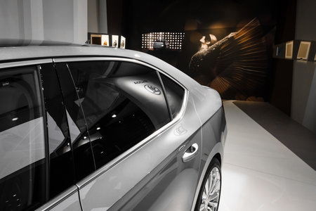 BERLIN - MAY 02, 2015: Showroom. Detail of the back of the large family car Skoda Superb (Third generation). Produced since 2015.のeditorial素材