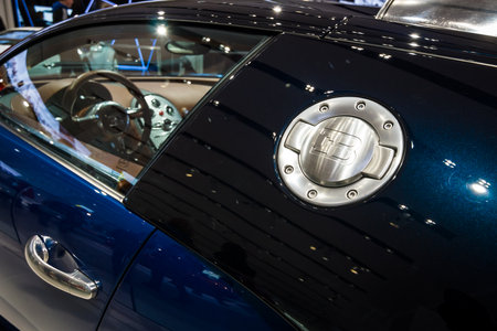 BERLIN - MAY 02, 2015: Showroom. Fragment of a supercar Bugatti Veyron EB 16.4. Fastest serial car in the world. Rear view. Produced from 2005 to 2011のeditorial素材